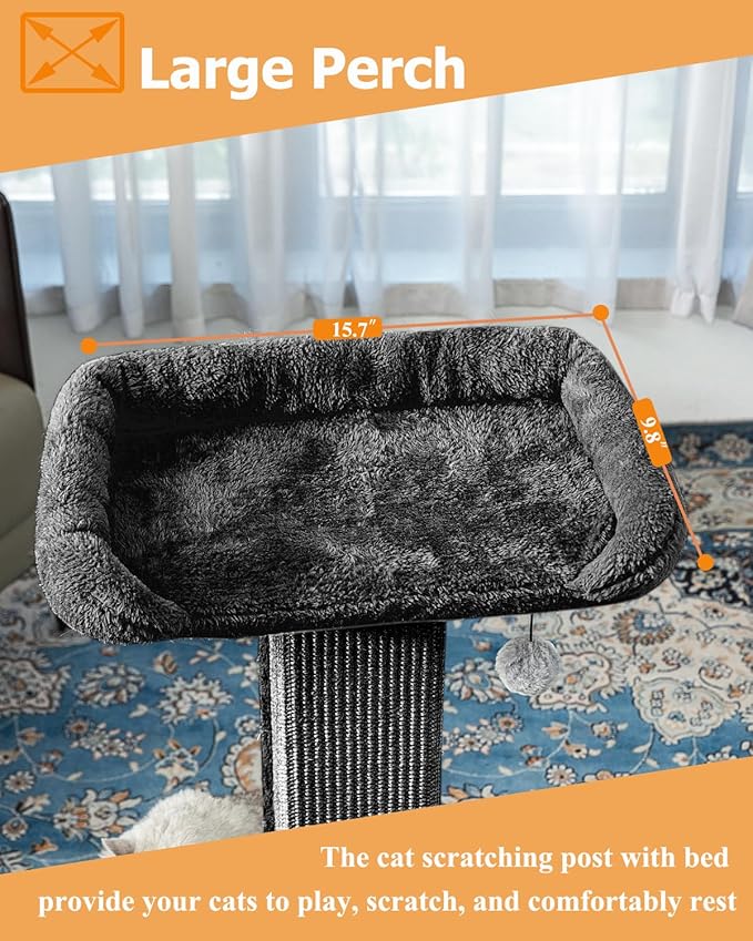 32" Cat Scratching Post for Indoor Cats, Sisal Cat Scratcher with Plush Perch, Large Scratch Post with Bed, Removable Cover, Sisal Fabric,Black - PAWPICO