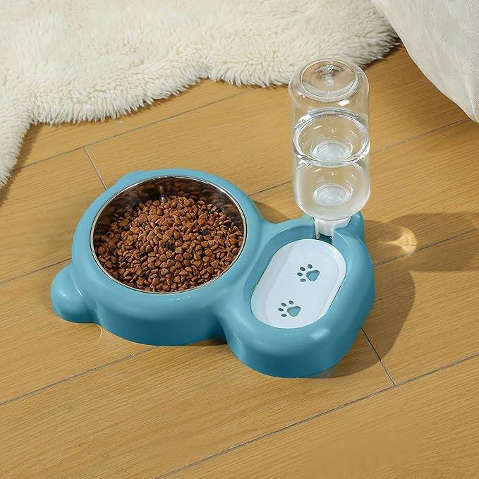 Dog Bowls, Cat Food and Water Bowl Set with Water Dispenser and Stainless Steel Bowl for Cats and Small Dogs - Blue - PAWPICO
