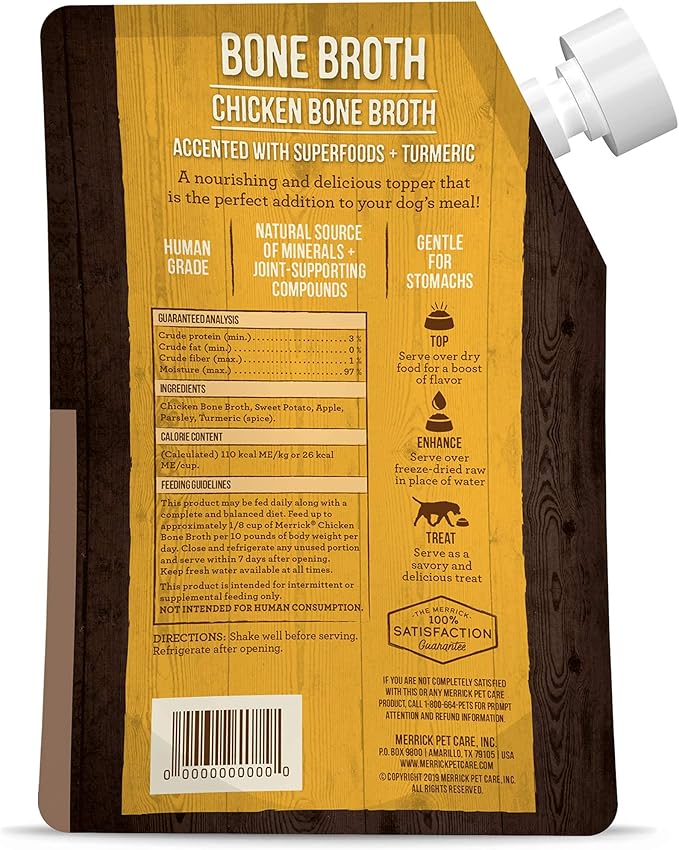 Merrick Grain Free Bone Broth, Premium Human Grade And Gluten Free Dog And Cat Food Topper Pouches, Chicken - 16 oz. Pouch - PAWPICO