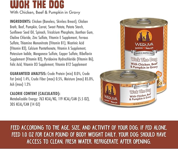 Weruva Classic Dog Food, Wok The Dog with Chicken, Beef & Pumpkin in Gravy, 5.5oz Can (Pack of 24), Brown - PAWPICO