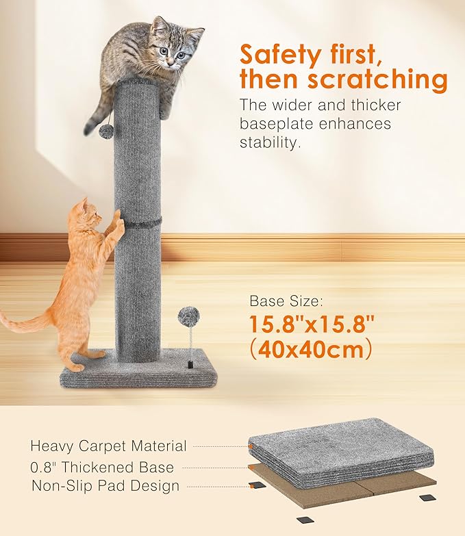 Carpet Craft Cat Scratching Post Heavy Duty for Indoor Large Cats and Adult Cats,Tall and Thicked Carpet Cat Scratcher Furniture Protector Cat Tree Tower with Interactivity Balls,Grey - PAWPICO