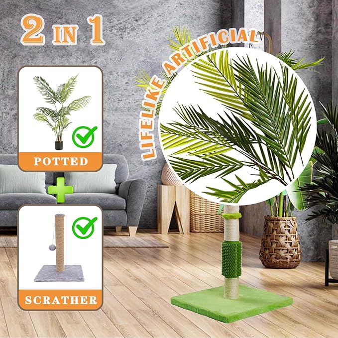 MeowHomm Cat Scratching Post, Cat Palm Tree for Indoor Cats with Natural Sisal Scratch Pole Hanging Sisal Ropes and Balls, Cute 40" Tall Cat Scratcher for Large Cat and Kittens - PAWPICO