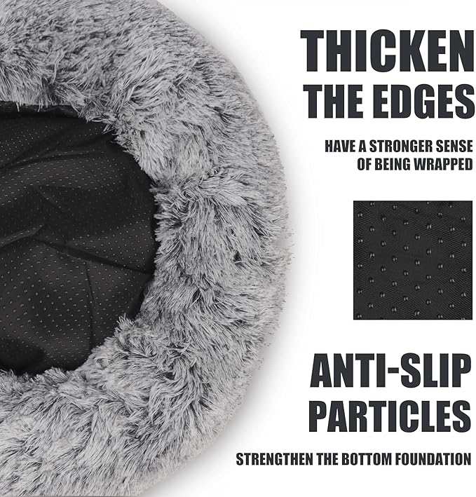 ShinHye Cat Bed Round Plush Fluffy Hooded Cat Bed Cave, Cozy for Indoor Cats or Small Dog beds, Soothing Pet Beds Doughnut Calm Anti-nxiety Dog Bed - Waterproof Bottom Washable, (23×23inch, Grey) - PAWPICO