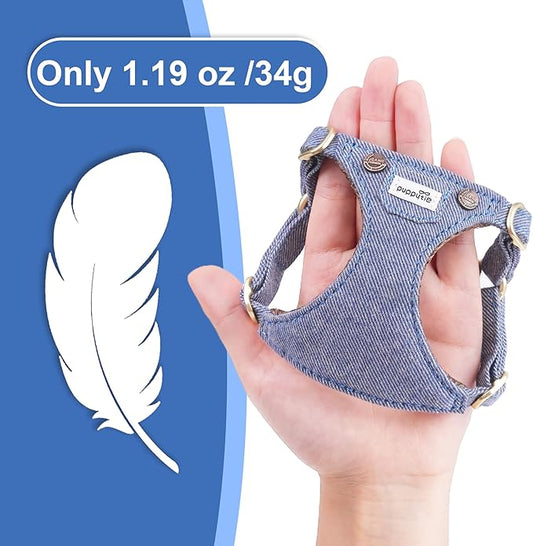 Puppytie No Pull xs Dog Harness with Multifunction Dog Leash,Soft Adjustable No Choke Escape Proof Pet Harness Vest,Denim Light Blue,XXS Puppytie