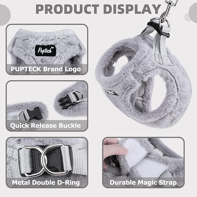 PUPTECK Adjustable Dog Harness Collar and Leash Set Step in No Pull Pet Harness for Small Medium Dogs Puppy and Cats Outdoor Walking Running, Soft Mesh Padded Reflective Vest Harnesses, Plush Grey XS PUPTECK