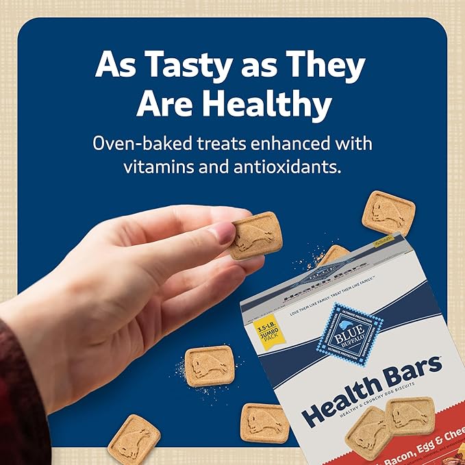 Blue Buffalo Mini Health Bars Crunchy Dog Biscuits, Oven-Baked With Natural Ingredients, Bacon, Egg & Cheese, 2-lb Box - PAWPICO