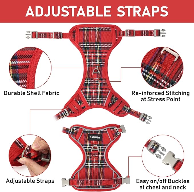 GAMUDA Dog Harness Collar and Leash Set, Dog Harness, No Chock No Pull Adjustable Vest Harnesses Plaid Reflective for Medium Dog, Cat, Small Horse, Small Bull and Pig (Red, XL) GAMUDACollarsCollection