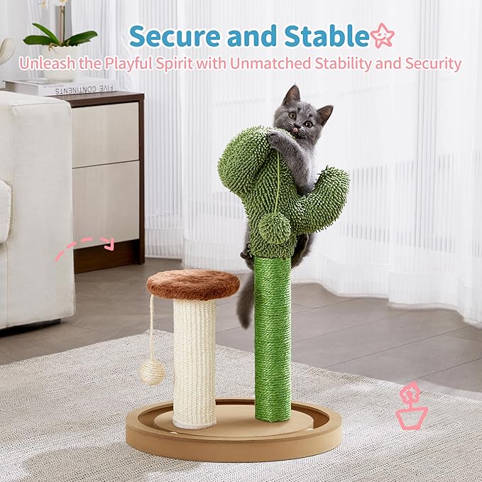 Made4Pets Cat Scratching Post, 21.7" Cactus Kitten Scratcher for Indoor Cats, Mushroom Cute Cat Tree with Sisal Scratch Post, Interactive Game Track Balls with Sturdy Wood Base for Small Kitty - PAWPICO