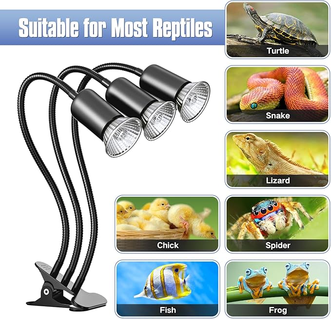 Reptile Heat Lamp, Three Head Reptile Light with Cycle Timer,UVA UVB Light, dimmable Basking lamp for Tortoise, Bearded Dragon, Lizard, Snake, E26/27 Base with 4 Bulbs (50W)-Black TFNN
