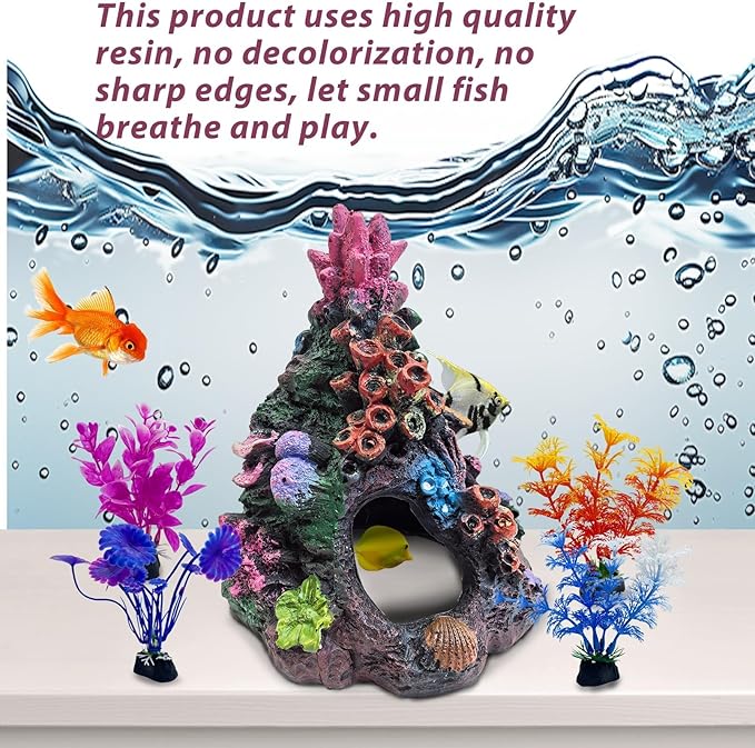PINVNBY 5 PCS Colorful Coral Fish Tank Decorations, Resin Mountain Ornament and Artificial Plastic Plant for Goldfish Betta Fish Cave Hideout Sleep Rest Play Breed PINVNBY