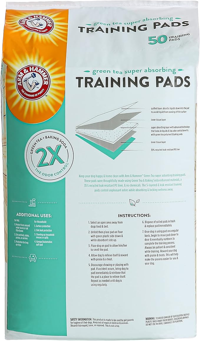 Arm & Hammer Green Tea Pet Training Pads | 50-Ct Dog Training Pads with Super Absorbing Green Tea Baking Soda for 2X The Odor Control | Leakproof & Recycled Training Pads for Dogs,White - PAWPICO