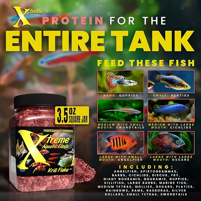 Xtreme Krill Flakes - Premium Max Protein Freshwater Fish Food with 100% Krill and Shrimp, & Vitamins for Optimal Immune and Digestive Health, Boosts Color & Energy – USA Farm Grown (3.5oz) XtremeAquaticFoods