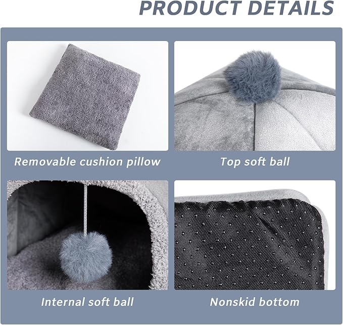 Cat Bed Cave for Indoor, Suitable for Cat Dome Bed, Hideaway Bed for Indoor Cats with Removable Mattress for Kittens.Cat Tent House for Dual Use (XL:17"x17") - PAWPICO