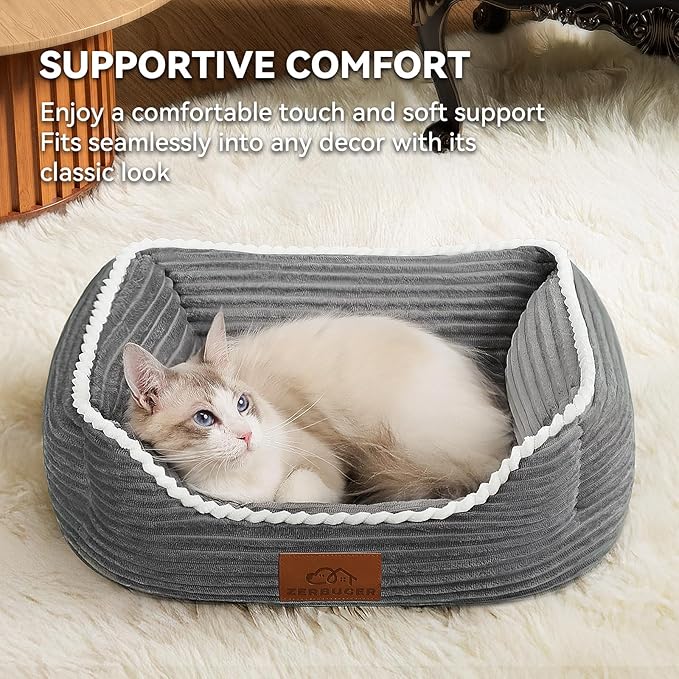 Cat Dog Bed for Pets, Rectangle Pet Bed Gift for Puppy and Kitten, Machine Washable Calming Fluffy Pet Couch Sofa for Indoor Outdoor, Portable Soft Cat Bed with Non-Slip Bottom (Small, Grey) - PAWPICO