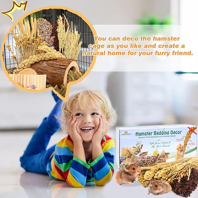 Natural Hamster Bedding, Hamster Herbs Flowers for Hamster Cage Enclosure Habitat Decor Hamster Sprays for Dwarf Syrian Guinea Hamsters Gerbil Degus or Other Small Animals(Grain Version) ALWZ-RDY