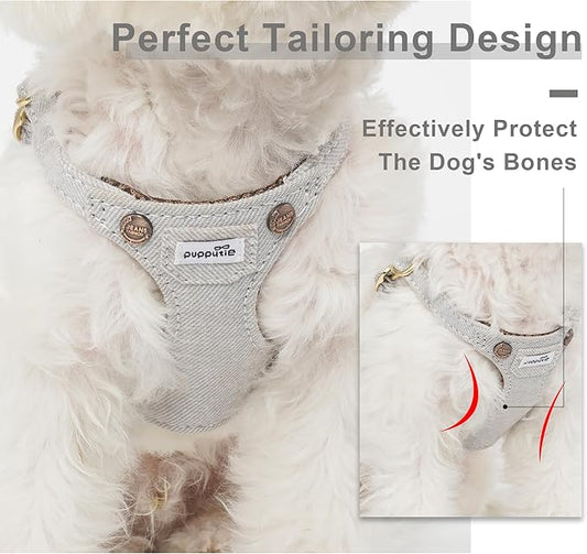 Puppytie No Pull Dog Harness with Multifunction Dog Leash,Soft Adjustable No Choke Escape Proof Pet Harness Vest for Medium Dogs,Denim Gray,M Puppytie