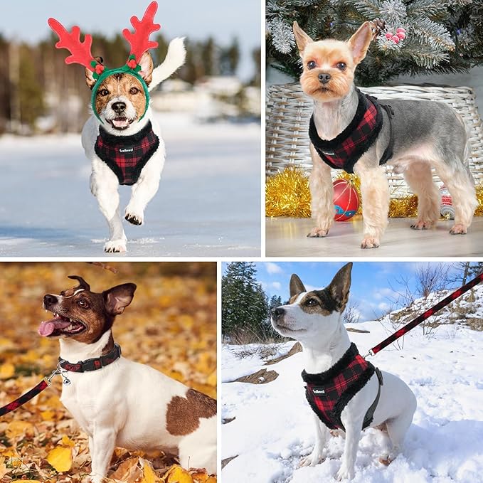SCENEREAL Small Dog Harness Collar and Leash Set, Warm Fleece No Pull Puppy Vest Harness, Christmas Dog Outfit No Chock Adjustible Step in Pet Halter for Outdoor Walking Training, Red Plaid XS - PAWPICO