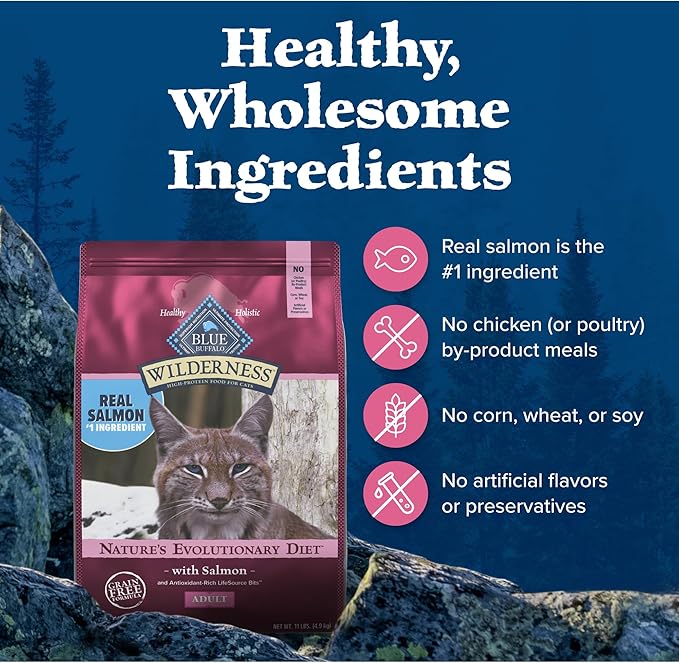 Blue Buffalo Wilderness Natural High Protein Grain Free Salmon Dry Food for Adult Cats 11 lbs. - PAWPICO