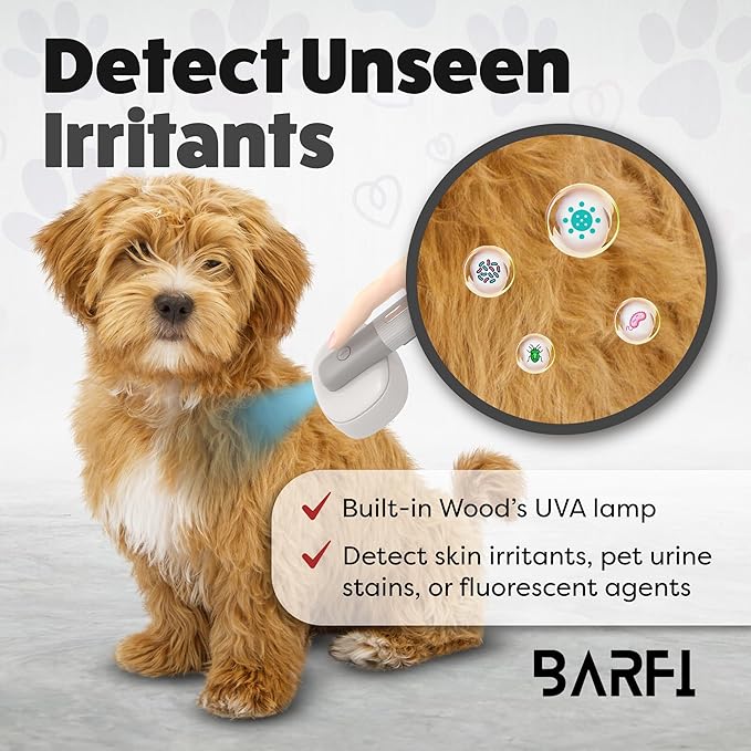 BARFI Pet Brush - Self-Cleaning Pet, Cat, Dog Shedding Brush - Multi-Functional Grooming Tool with Negative Ion Technology, Vibrating Massager, Wood's Lamp (Gray) - Free Pet Bowl - PAWPICO