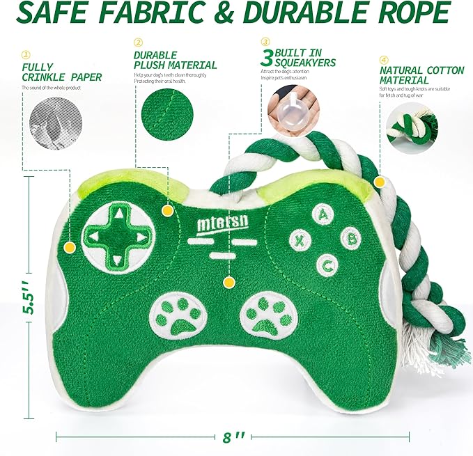 MTERSN Squeaky Dog Toys : Interactive Dog Plush Toy with Full Crinkle Paper and Cute Puppy Chew Toys with Rope - Funny Gaming Controller Shape Dog Birthday Gift (Green) - PAWPICO
