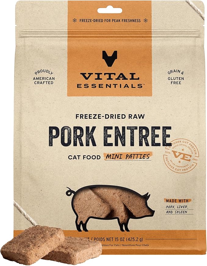 Vital Essentials Freeze Dried Raw Cat Food, Pork Mini Patties Entree, 15 oz VitalEssentials