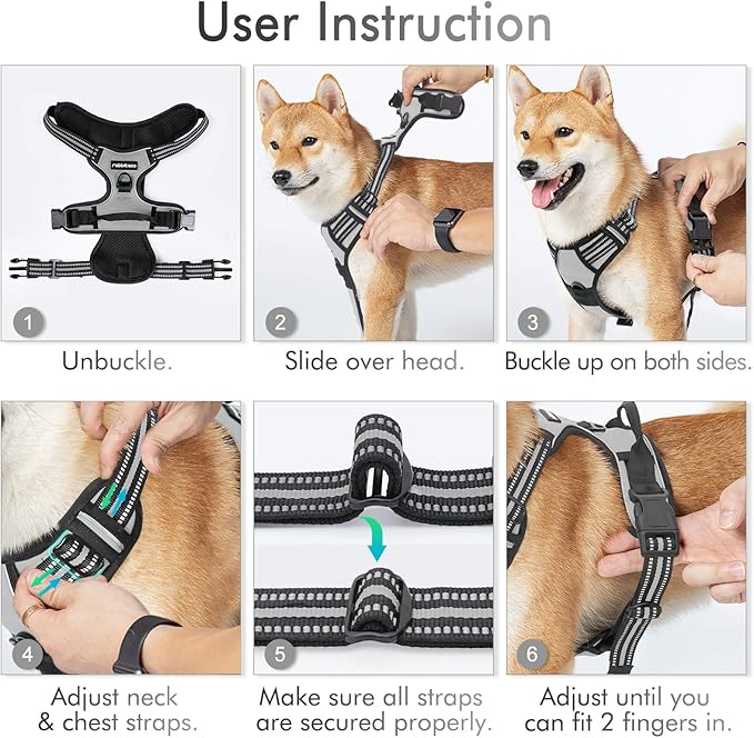 rabbitgoo Dog Harness, No-Pull Pet Harness with 2 Leash Clips, Adjustable Soft Padded Dog Vest, Reflective No-Choke Pet Oxford Vest with Easy Control Handle for Large Dogs, Grey, XL - PAWPICO