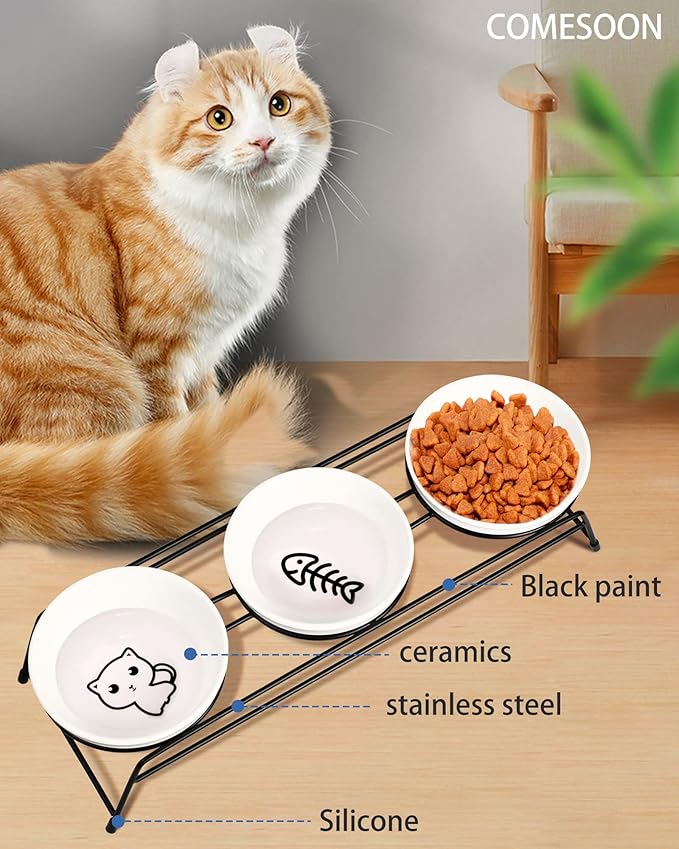 3 Cat Food Bowls Ceramic 13 oz Upgraded with Stainless Steel Stand Non-Slip and Anti-Rust Elevated Raised Cat Bowls for Food and Water, Pet Dishes Bowl for Indoor Cats and Puppy, Dishwasher Safe - PAWPICO