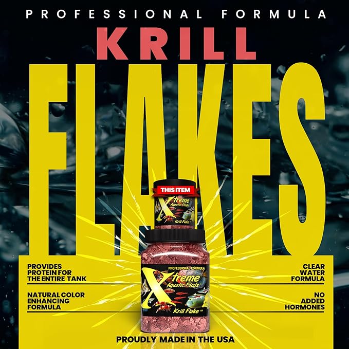 Xtreme Krill Flakes - Premium Max Protein Freshwater Fish Food with 100% Krill and Shrimp, & Vitamins for Optimal Immune and Digestive Health, Boosts Color & Energy – USA Farm Grown (1oz) XtremeAquaticFoods