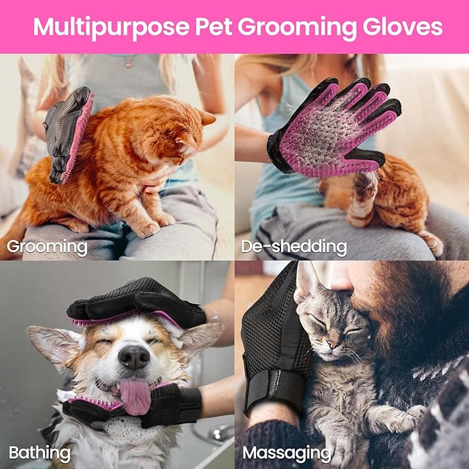 DELOMO Pet Grooming Gloves, Upgrade Version with Enhanced 255 Silicone Grooming Tips, Hair Remover Mittens for Dogs & Cats, Bath Brush, 1 Pair (Pink) - PAWPICO