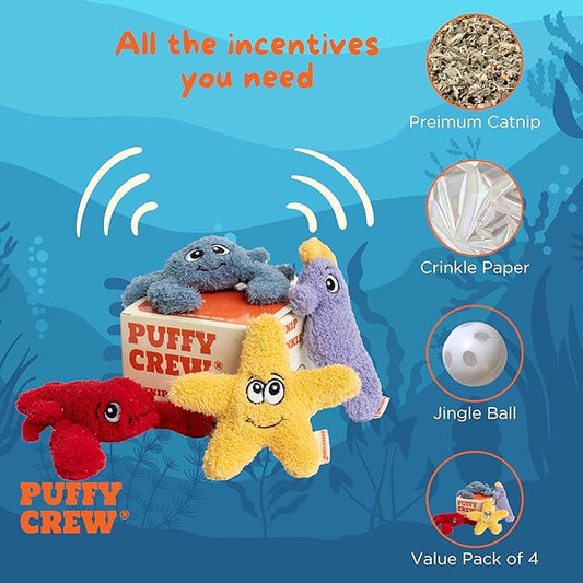 4 Pack Interactive Catnip Cat Plush Toy, Ocean Theme Set, 5'', for All Breed Size Cats (4 in 1) - PAWPICO