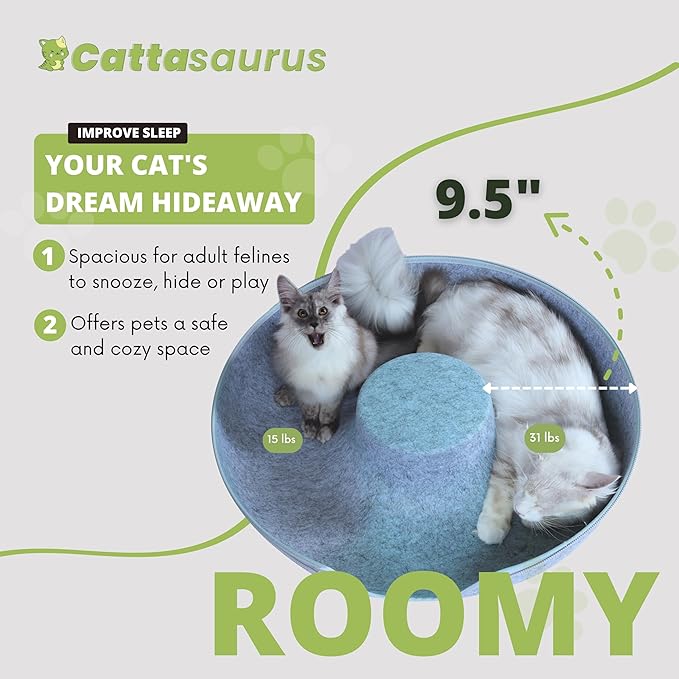 CATTASAURUS Peekaboo Cat Cave for Multiple & Large Cats Up to 30-45 Lbs, Scratch Detachable & Washable Tunnel Bed, Comfy Donut Cat Cave (Light Gray, Jumbo) - PAWPICO