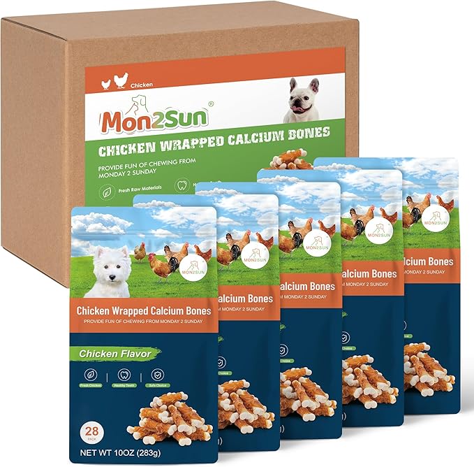 MON2SUN Dog Treats, 2.3 Inch Chicken Wrapped Calcium Dog Bones, Rawhide Free Dog Chews for Puppy and Small Dogs, Training Treats for Teeth Cleaning and Fresh Breath (28 Count - Pack of 5) - PAWPICO