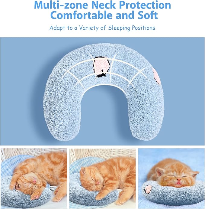 ucho Cat Pillow Pets, Soft Fluffy Cat Neck Pillow for Cat Bed, U-Shaped Pillow for Pet, Pet Calming Toy Half Donut Cuddler for Joint Relief Sleeping Improve Machine Washable- Blue ucho