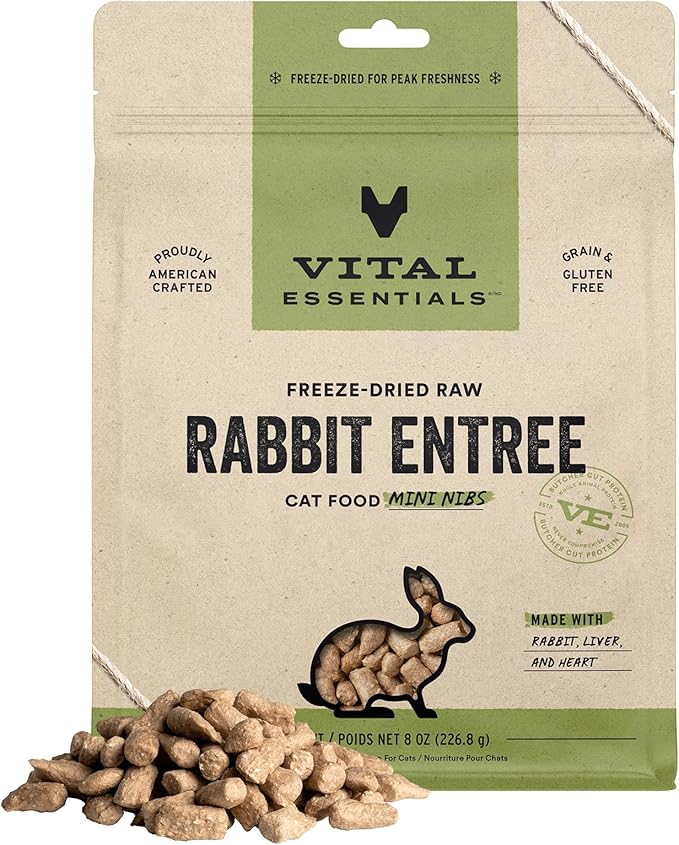 Vital Essentials Freeze Dried Raw Cat Food, Rabbit Mini Nibs Entree, 8 oz VitalEssentials