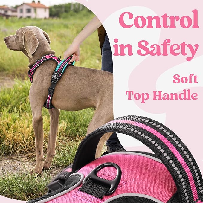 rabbitgoo Dog Harness for Large, No Pull Pet Harness with 3 Buckles, Adjustable Soft Padded Pooch Vest with Instant Control Handle, Easy Walking Reflective Pet Vest for Extra Large Dogs,Rose Pink, XL rabbitgoo
