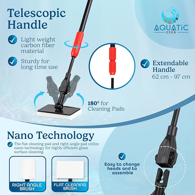 Aquarium Cleaning Tools 7 in 1 - Fish Tank Cleaning Kit with Algae Scraper, Scrubber Pad, Adjustable Telescopic Long Handle, Fish Net, Gravel Rake, Fork & Brush - Saltwater & Freshwater Fish Tank AQUATICEDEN