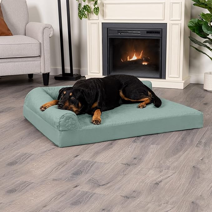 Furhaven Orthopedic Dog Bed for Large Dogs w/ Removable Bolsters & Washable Cover, For Dogs Up to 95 lbs - Pinsonic Quilted Paw L Shaped Chaise - Iceberg Green, Jumbo/XL - PAWPICO