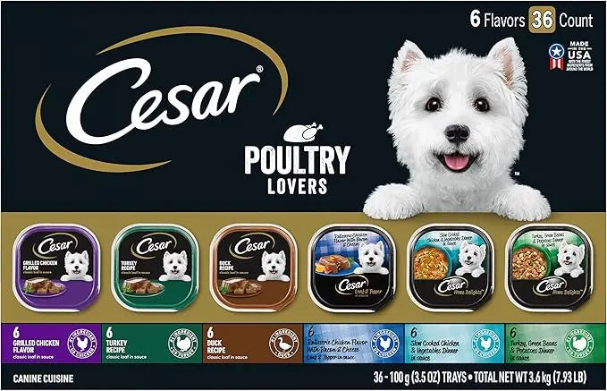 CESAR Adult Wet Dog Food Classic Loaf in Sauce Poultry Lovers Variety Pack, 3.5 oz. Easy Peel Trays with Real Chicken, Turkey or Duck, Pack of 36 - PAWPICO