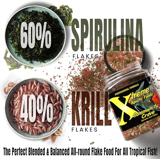 Xtreme Community Crave Flake - Krill & Spirulina Blend for Vibrant Colors, Immune Support and Digestive Health, Tropical & Freshwater Fish Nutrition – Premium Community Aquarium Food (3.5oz) XtremeAquaticFoods