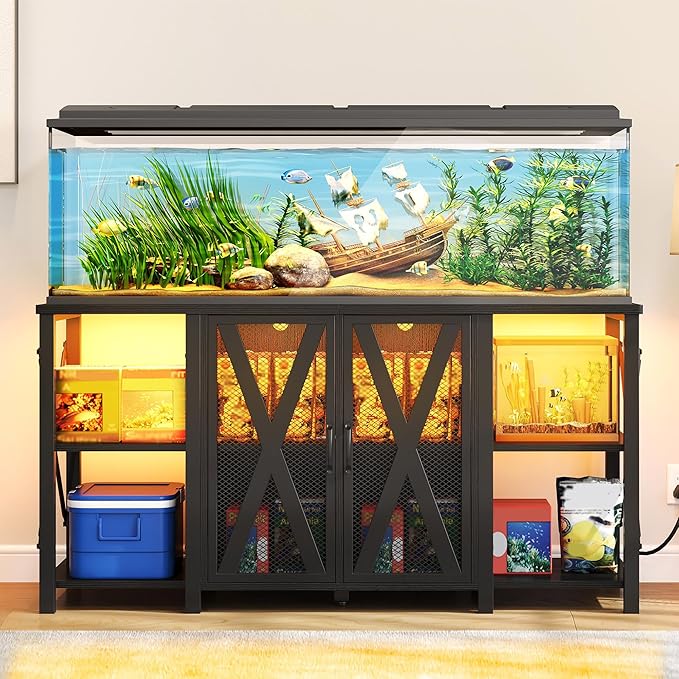 YITAHOME 90-120 Gallon Reptile Tank Stand with Power Outlet & LED Light, Heavy Duty Aquarium Stand with Accessories Storage Cabinet - Metal Fish Tank Stand for Turtle, Reptile, 2000LBS Capacity, Black YITAHOME
