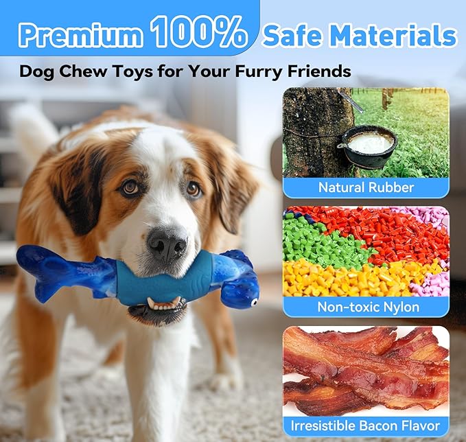 Dog Toys for Aggressive Chewers, Interactive Dog Chew Toys for Large Dogs, Indestructible Squeaky Dog Toys to Keep Them Busy, Tough Dog Toys for Medium/Large Breed Dogs (Deep Blue, Hammerhead Shark) - PAWPICO