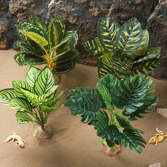 Terrarium Plants for Reptile Terrarium, Reptile Plants Tortoise Habitat Accessories, Artificial Spider Plant for Gecko, Ball Python, Tortoise Terrarium Décor - Calathea Makoyana A IBWell