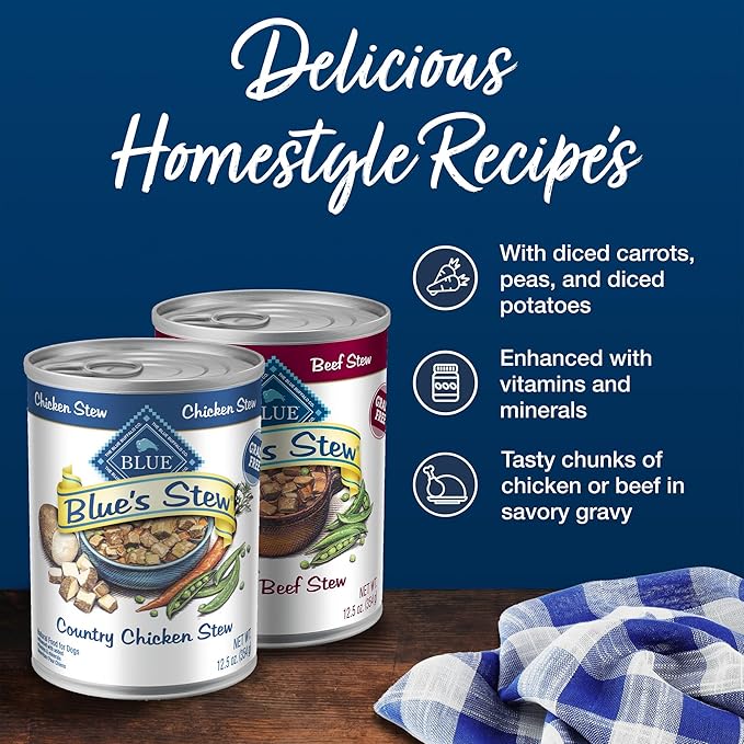 Blue Buffalo Blue's Stew Natural Wet Dog Food, Made with Natural Ingredients, Hearty Beef and Country Chicken Variety Pack, 12.5-oz. Cans, 6 Count - PAWPICO