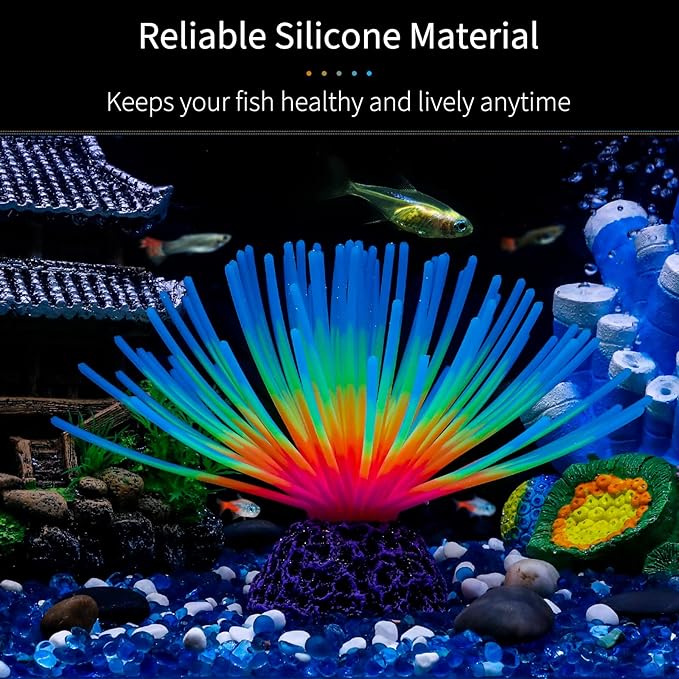 Uniclife Aquarium Imitative Iridescent Blue Sea Urchin Ball Artificial Silicone Ornament with Glowing Effect for Fish Tank Landscape Decoration UnicLife