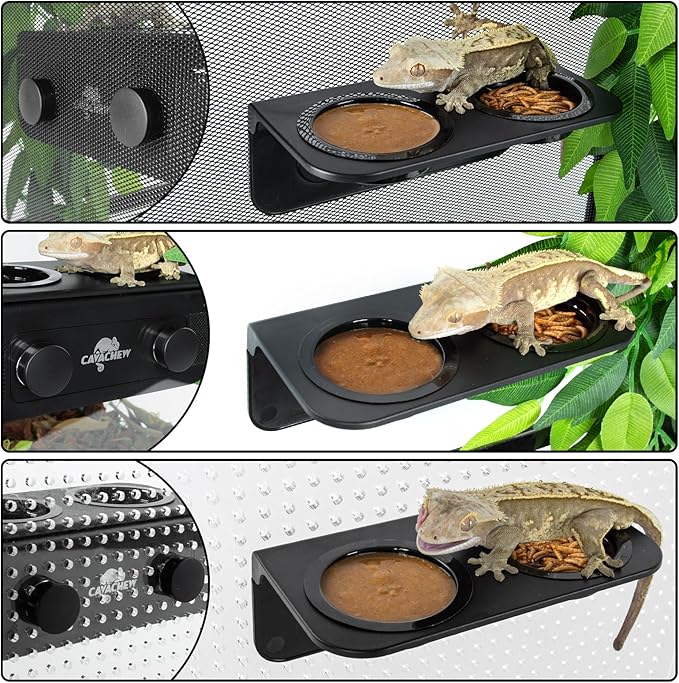 Magnetic Gecko Feeding Ledge, ABS Foldable Reptile Feeder Ledge with 6pcs Plastics Cups, 2 in 1 Reptile Food Water Dish, Terrarium Bowl for Chameleon Iguana, Strong Magnets, Easy to Clean CAVACHEWReptileSupplies