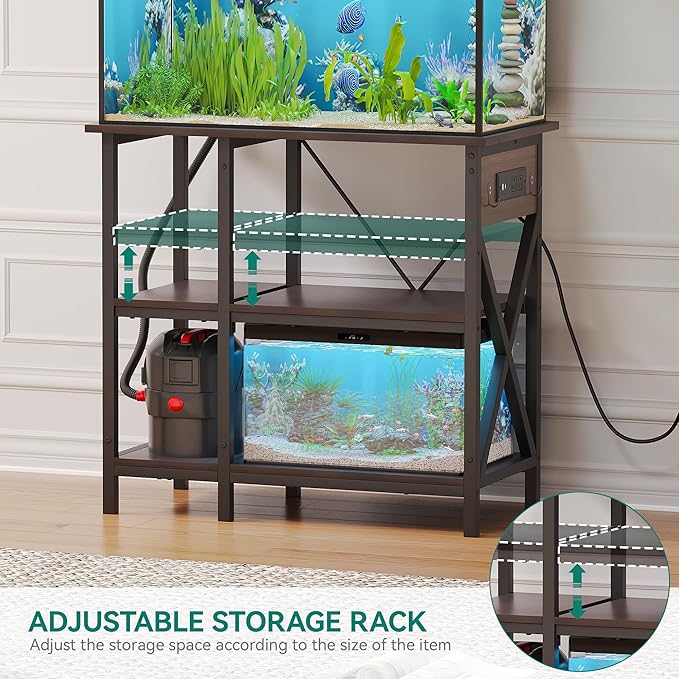 YITAHOME 10-29-37 Gallon Fish Tank Stand with Power Outlet, 30x16 Inch Metal Aquarium Stand with 3-Tier Adjustable Storage Shelves and Hooks, 450LBS Capacity,Black YITAHOME