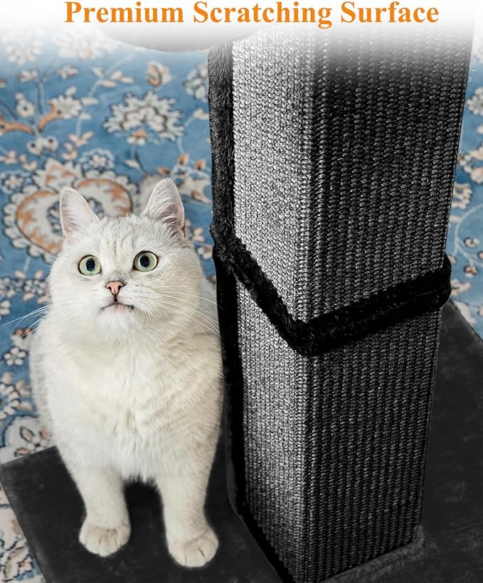 32" Cat Scratching Post for Indoor Cats, Sisal Cat Scratcher with Plush Perch, Large Scratch Post with Bed, Removable Cover, Sisal Fabric,Black - PAWPICO
