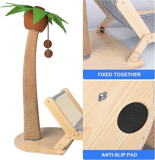 Cat Scratching Post with Bed,29.5 Inch Tall Palm Tree Cat Scratching Post for Indoor Cats, with Lounge Chair 2 in 1 Fun Sisal Rope Tall Cat Scratcher with Ball for Indoor Adult Cat/Kitten - PAWPICO