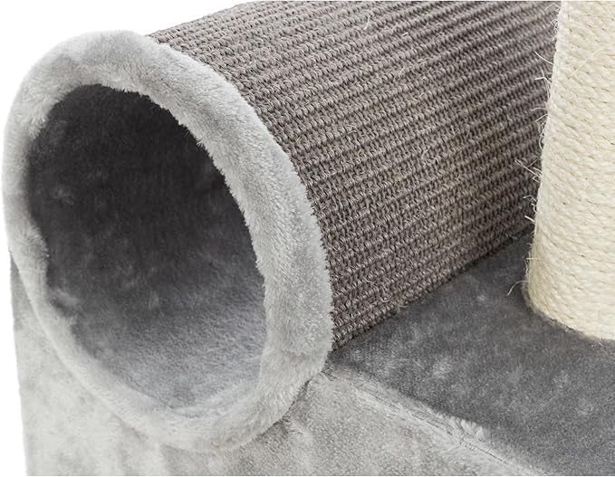 TRIXIE Tolar Cat Scratching Post 31.5 Inch - with Durable Sisal Rope and Tunnel, Condo, Platform with Removable Cushion & Dangling Cat Toy - in Gray - PAWPICO