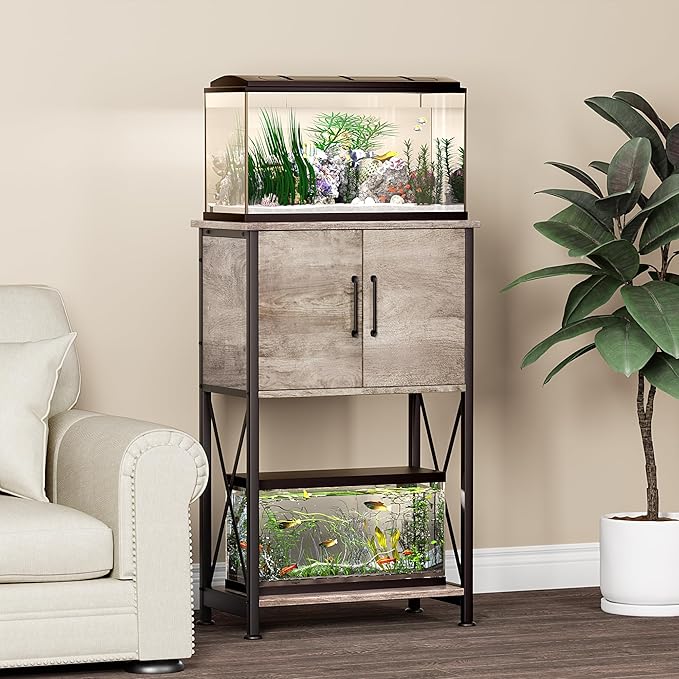 5-10 Gallon Fish Tank Stand, Metal Double Aquarium Stand with Cabinet for Fish Tank Accessories Storage, Heavy Duty 20.5" L* 11.02" W Tabletop, 500LBS Capacity Grey PG06YGZ Herture